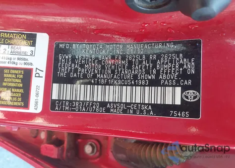 2012 Toyota Camry Se from USA, damaged, VIN 4T1BF1FK9CU541983